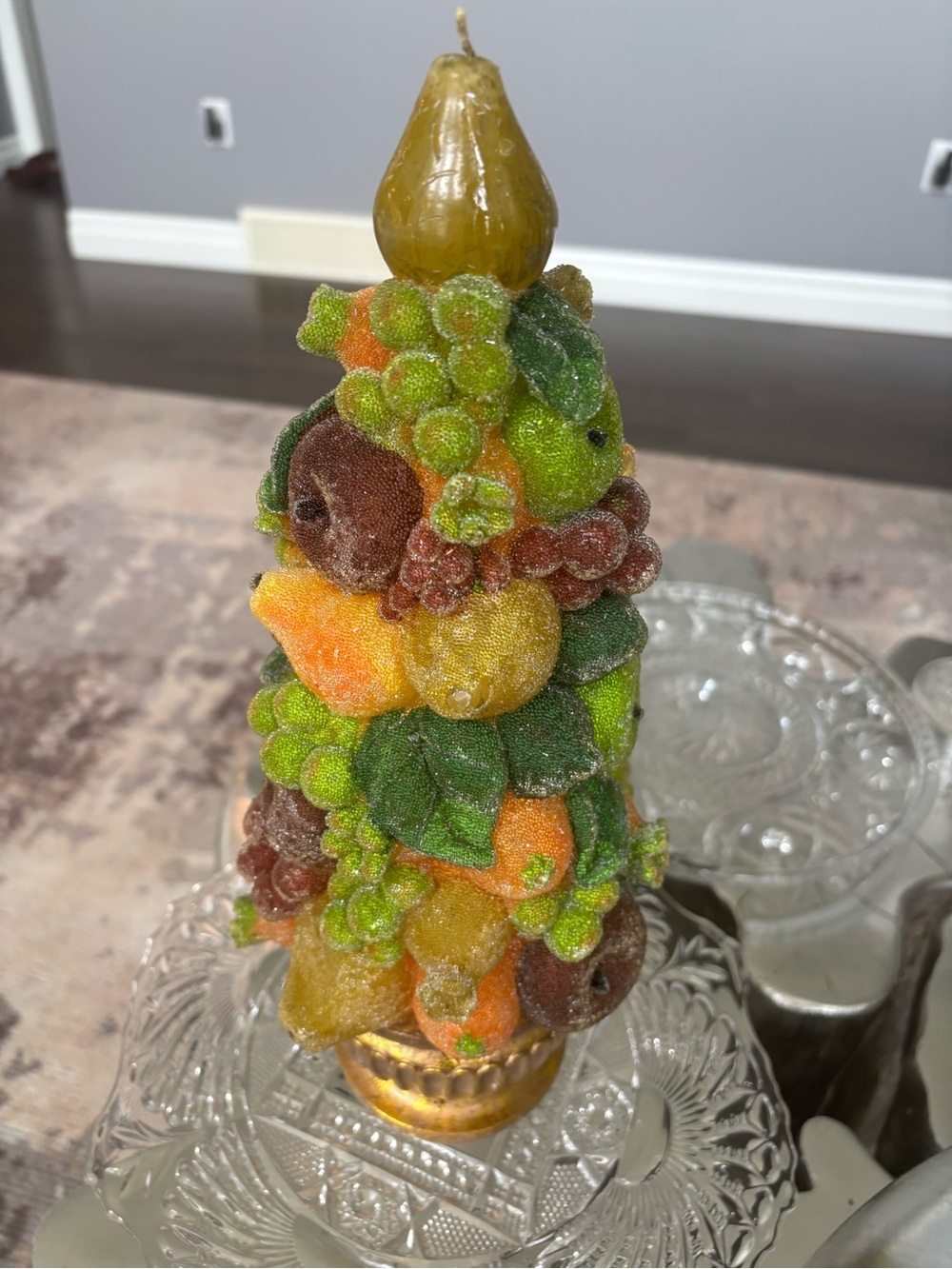 bill blass Gold, Green & Orange Holiday Fruit Topiary Candle 1980s  new 15 inch